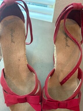 Qupid Red Bow Espadrille Wedge Sandals